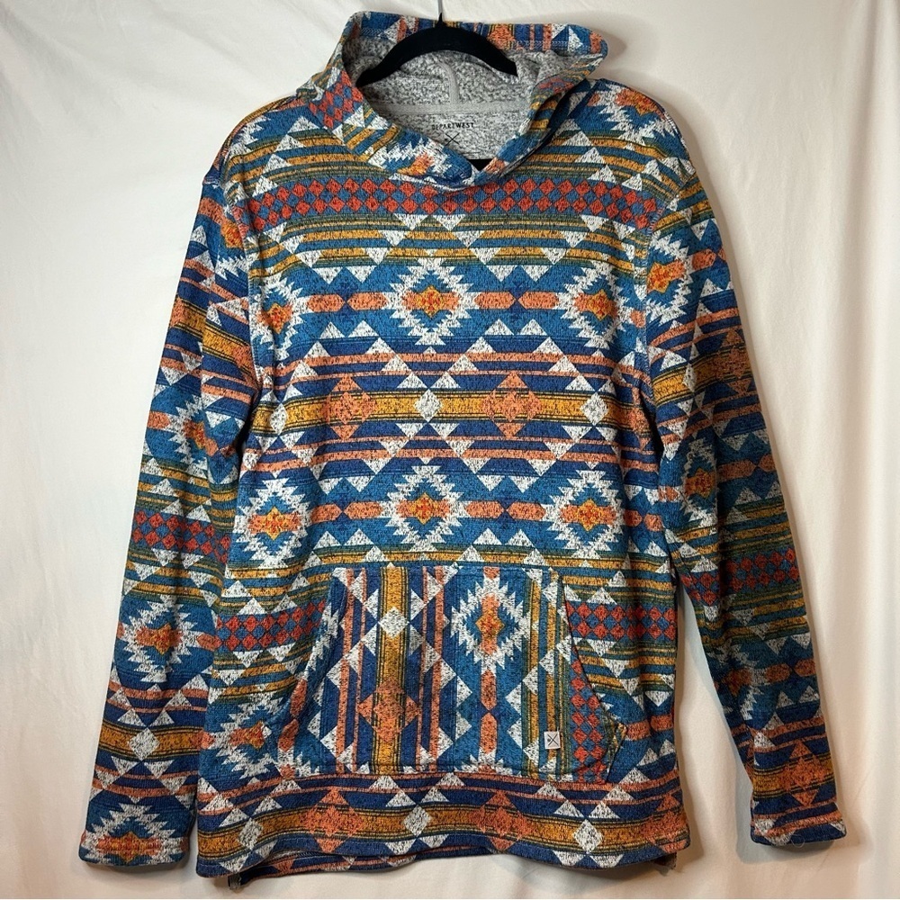 Vibrant Blue and Orange Geometric Hoodie Sweater Size Large